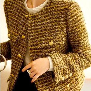 Mustard tweed o-neck jacket with cute heart buttons and pockets, rayon lined.